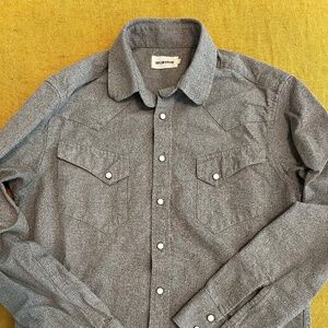 Taylor Stitch Western pearl snap men’s shirt, sz 38 small, olive melange cotton